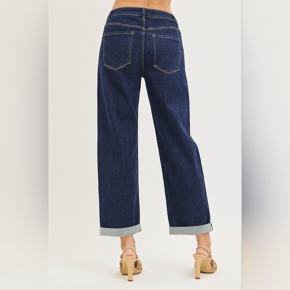 RISEN HR Deep Dark Wash Slouchy Boyfriend Jeans Cuffed Relaxed Stretch Various - Picture 9 of 12
